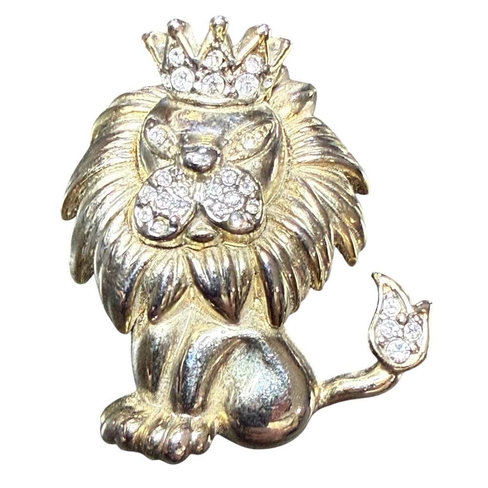 Lion Crown Brooch Pin Rhinestone Pave Face Mane Tail King